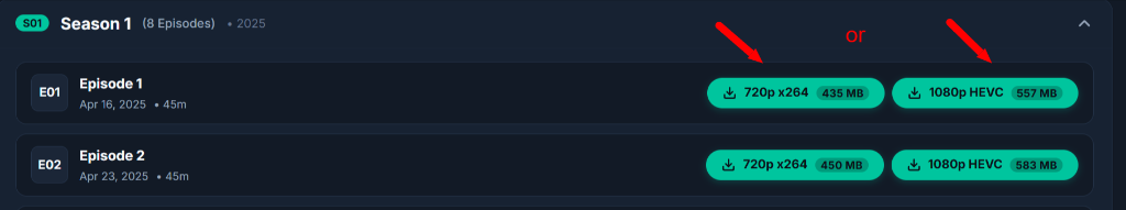 Step 1 – Click a quality download button on the episode list